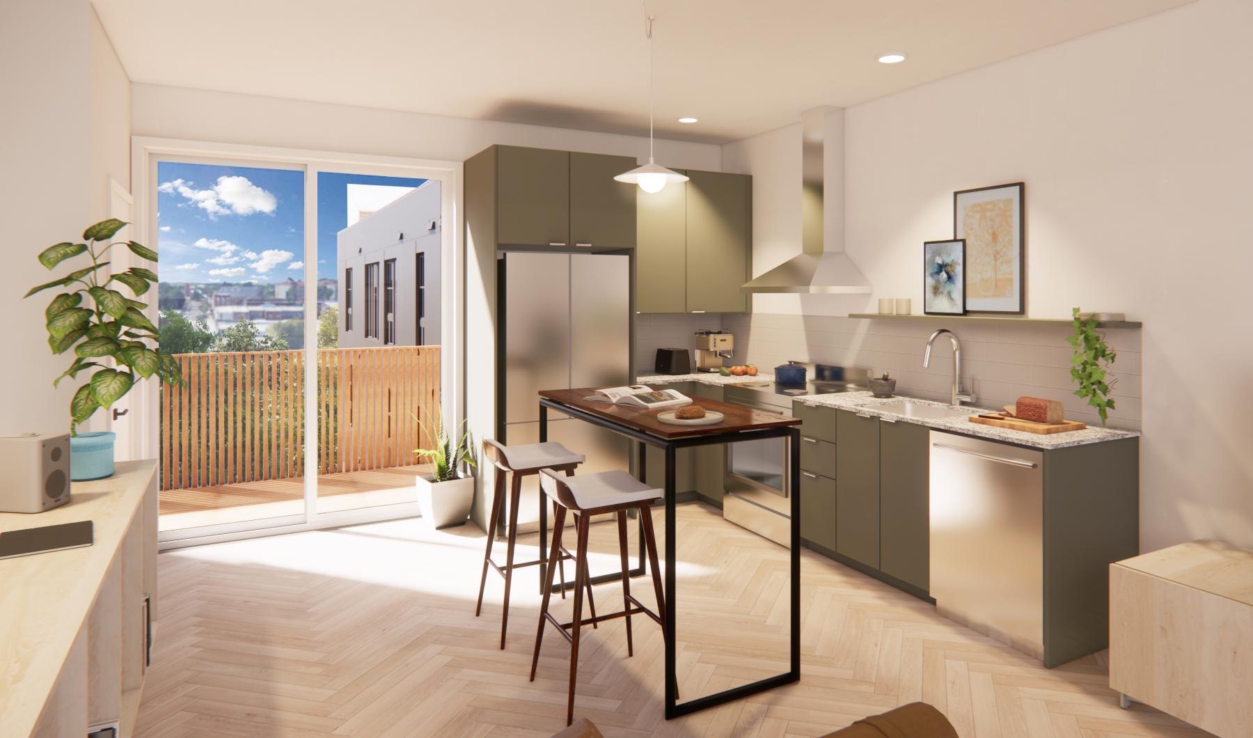 a kitchen with a table and chairs